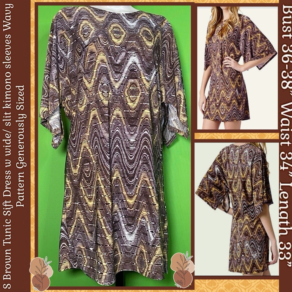 S BROWNS PATTERNED SHIFT TUNIC DRESS/LONG TUNIC W KIMONO STYLE 3/4 SLEEVES  GUC